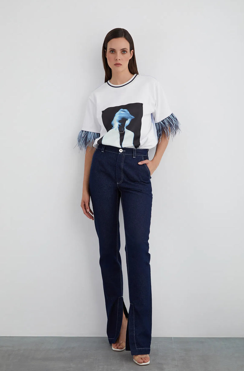 Back Pocket Embroidery Detail Inner Slit Jean Pants