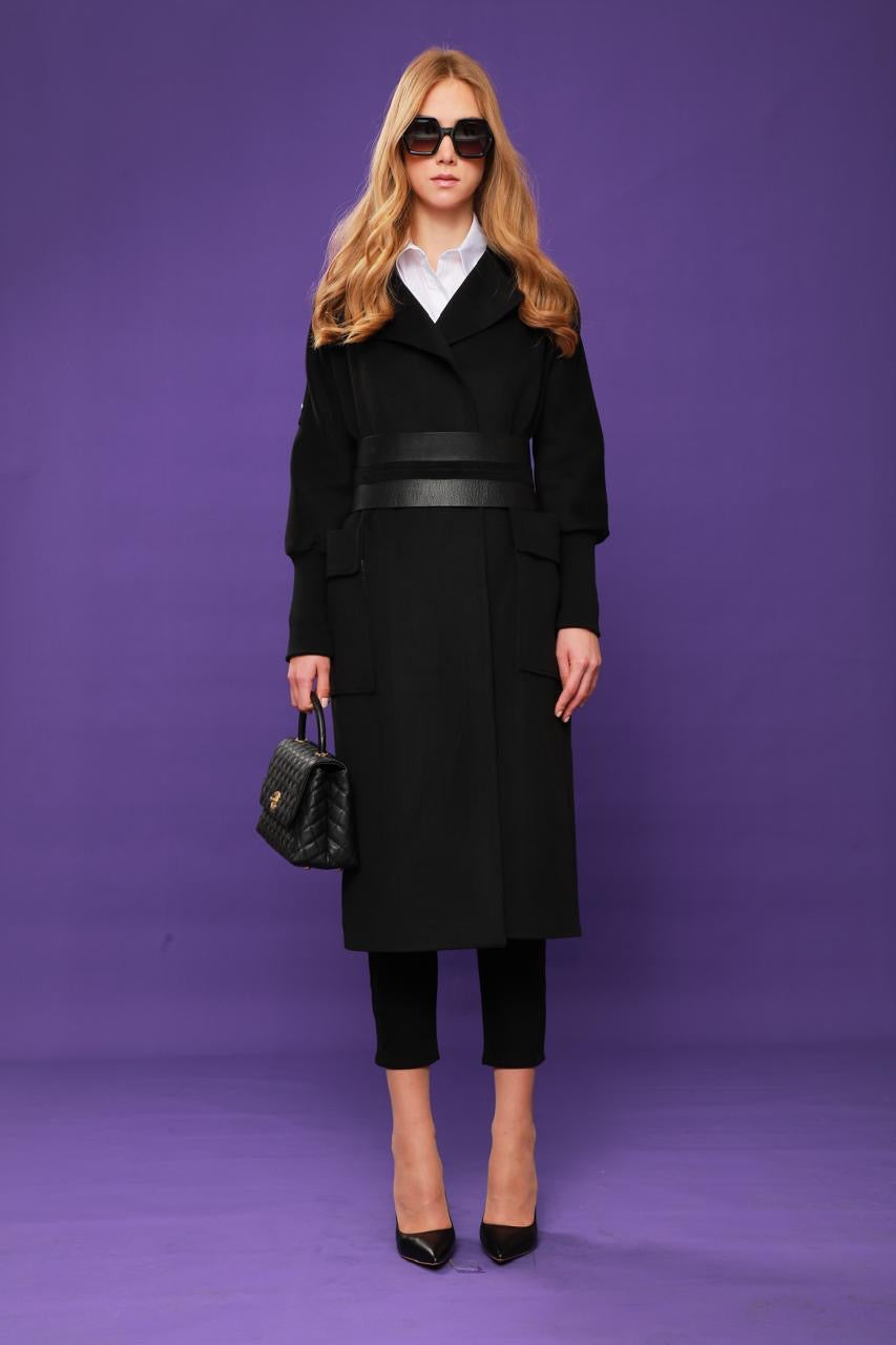 Fitted Arm Black Coat with Shoulder Button Detail