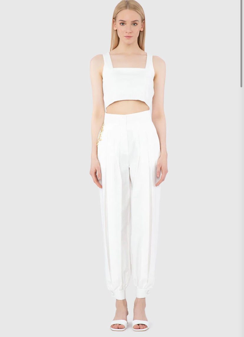 High Waist Accessory Detail Ankle Length Ecru Trousers