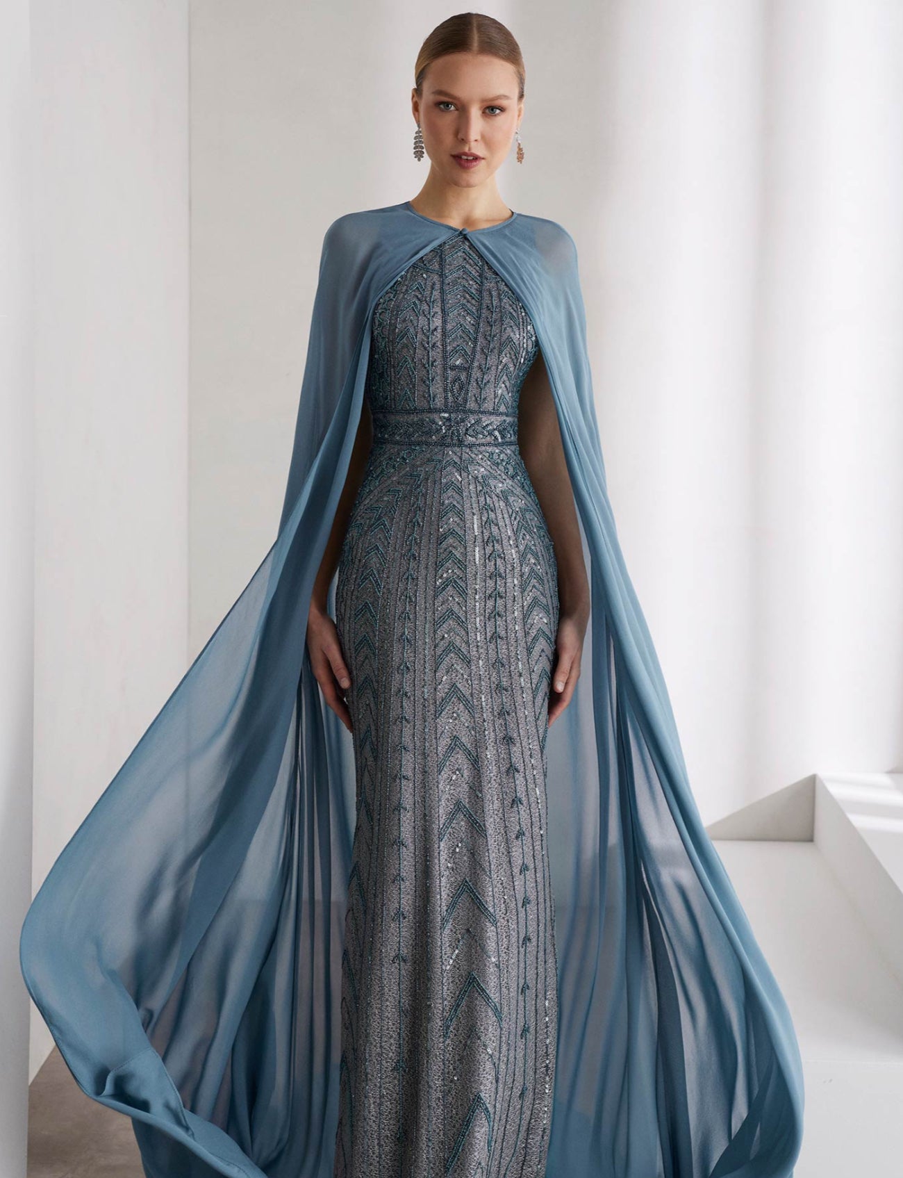 Embellished Gown with Sheer Cape by Rosa Clará