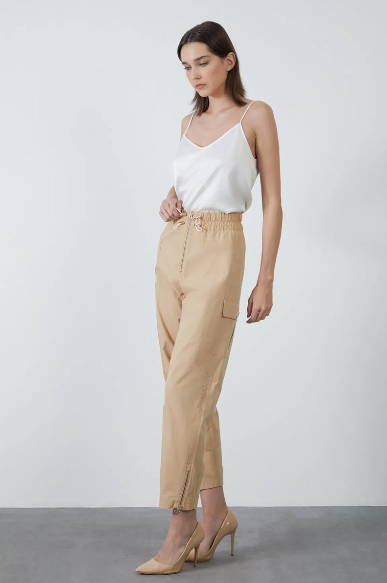 Beige Pants with Double Cord Detail and Zipper