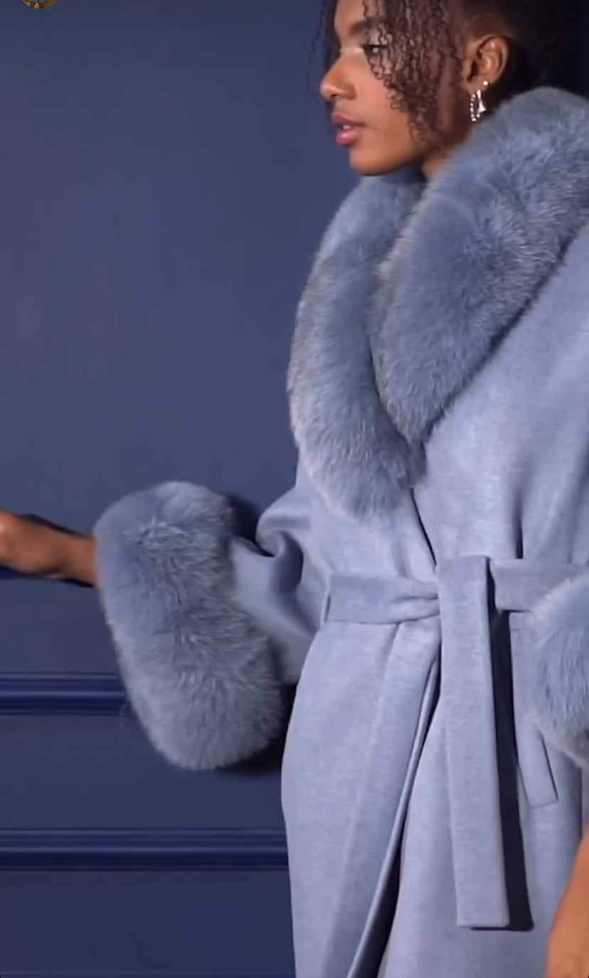 Faux Fur Collar and Cuff Belted Wrap Coat