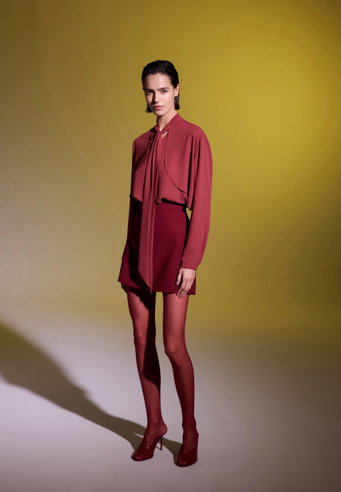 Crimson Pleated Ruffle Blouse