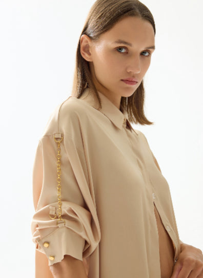 Back Pleat and Gold Button Cuff Blouse