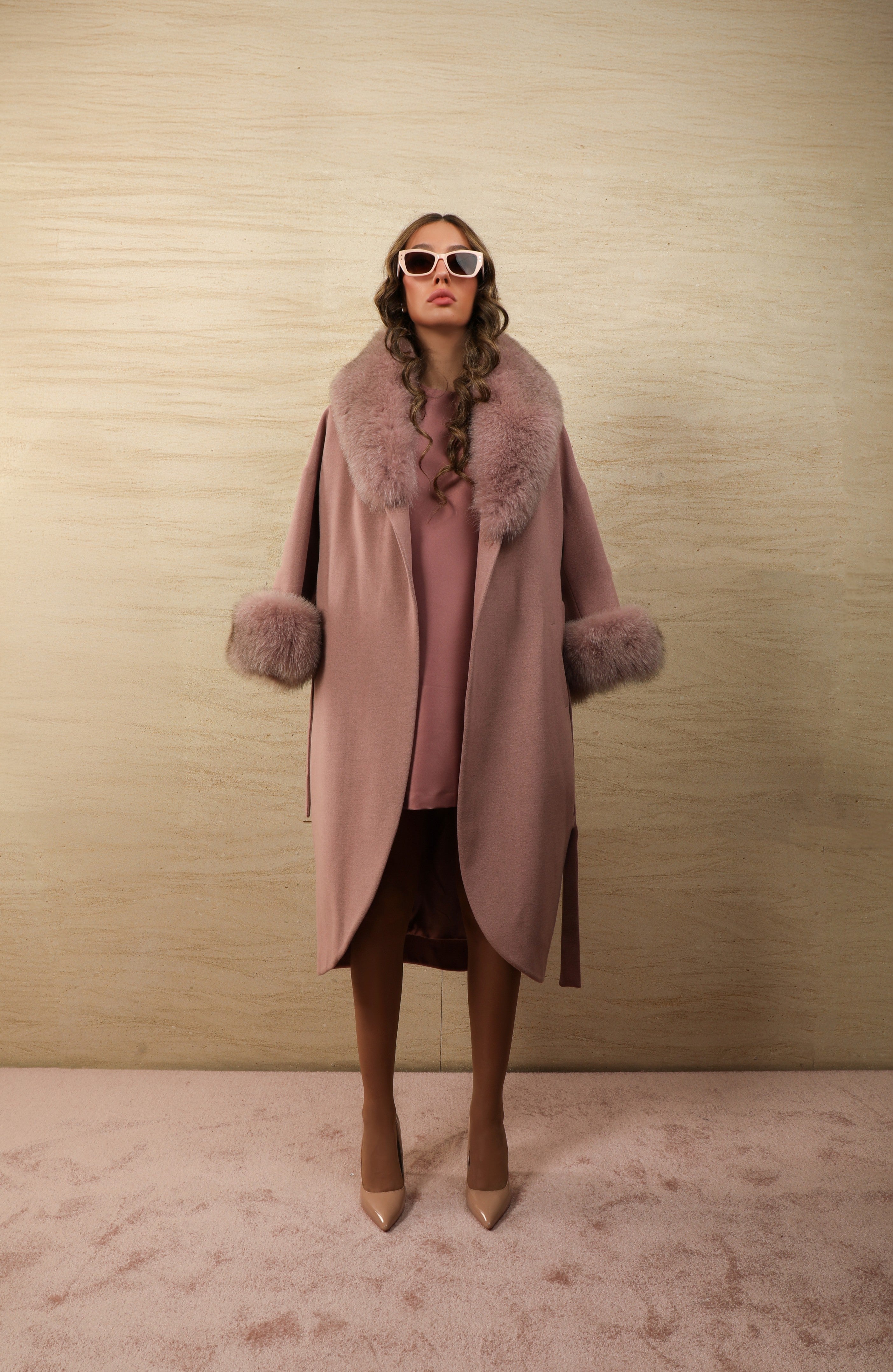Faux Fur Collar and Cuff Belted Wrap Coat