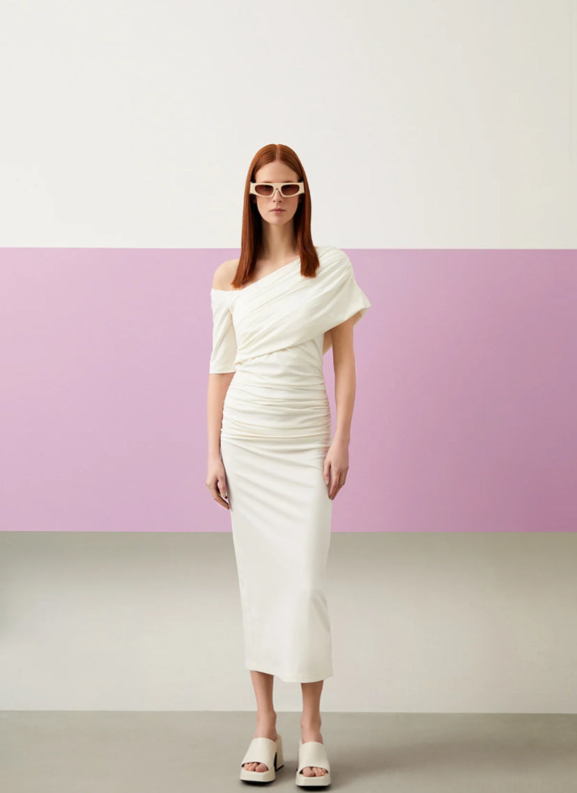 Ecru Draped Short Sleeve Cocktail Dress