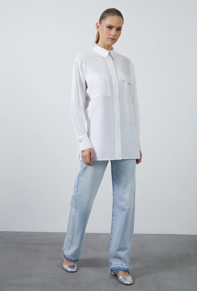 Pocket Flap Nerve Detail Long White Poplin Shirt