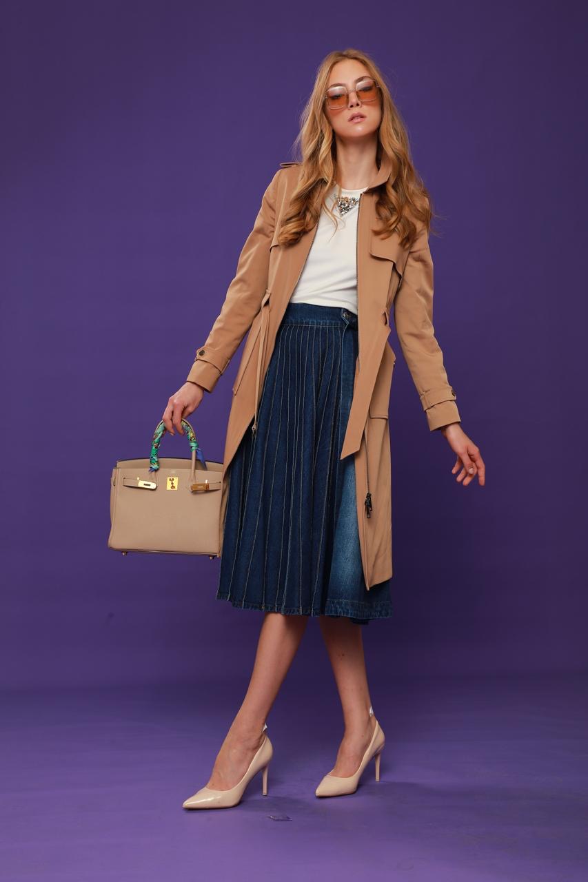 Belted Coat with Shoulder and Arm Button Detail