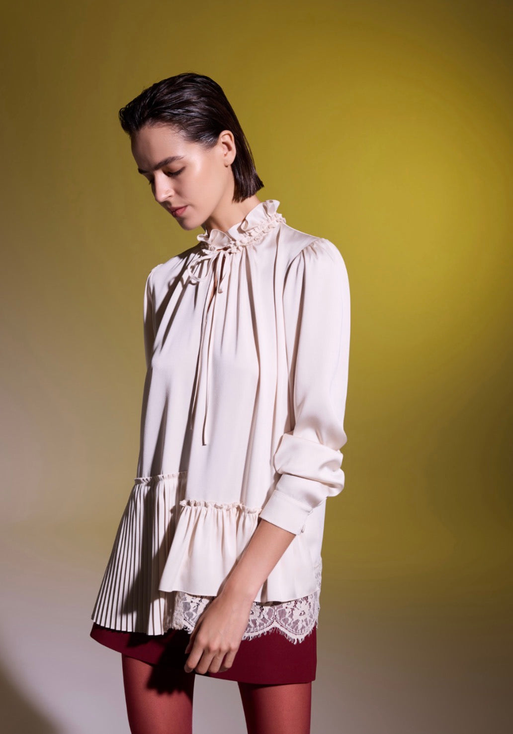 Pleated Ruffle Neck Tunic Blouse