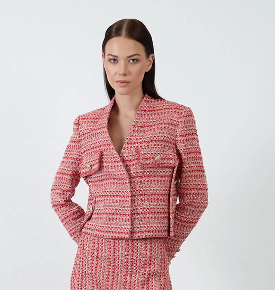 Red Tweed Box-Form Jacket with Pocket Flap Detail