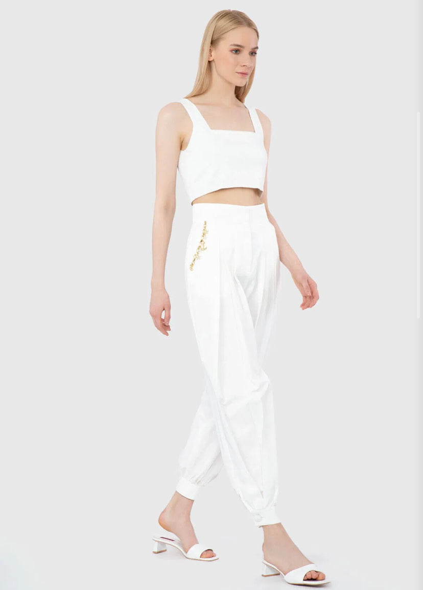 High Waist Accessory Detail Ankle Length Ecru Trousers