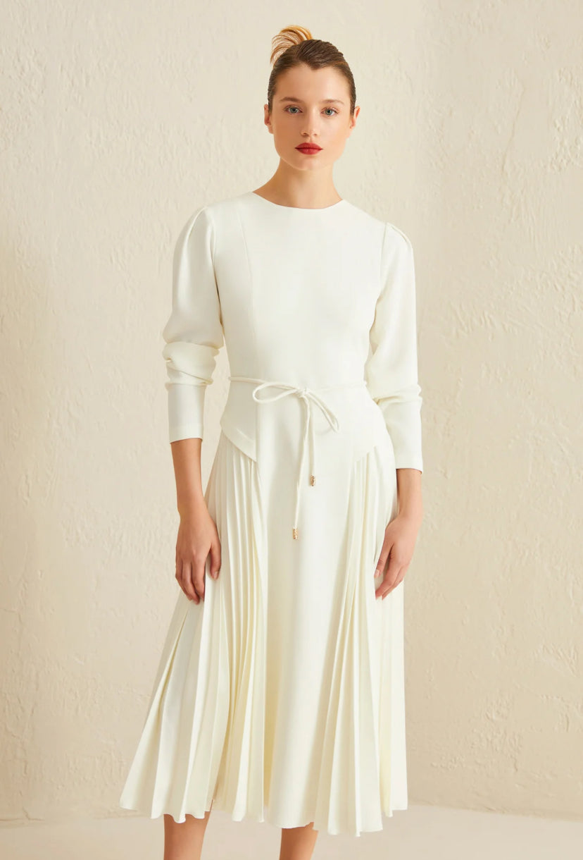 Skirt Pleated Midi Dress with Waist Tie
