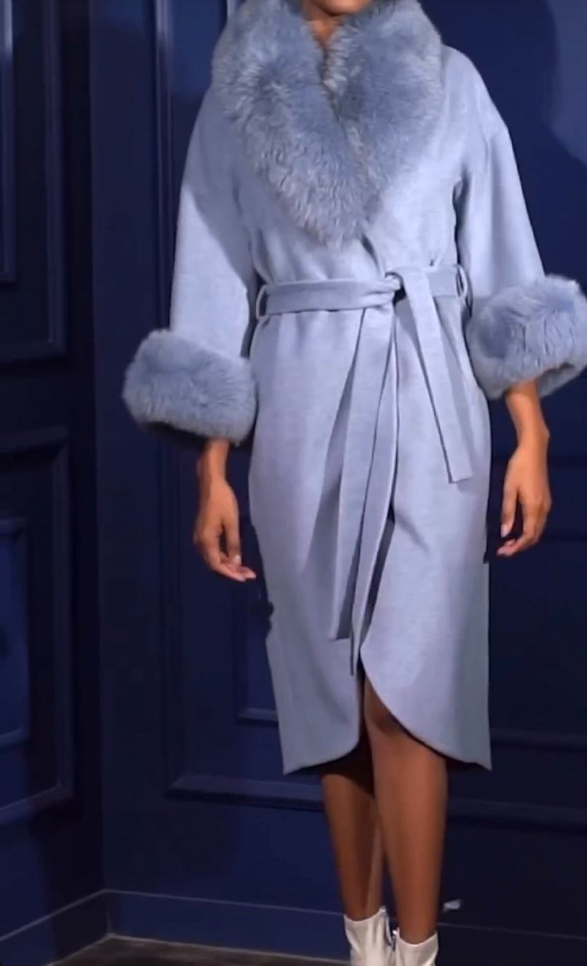 Faux Fur Collar and Cuff Belted Wrap Coat