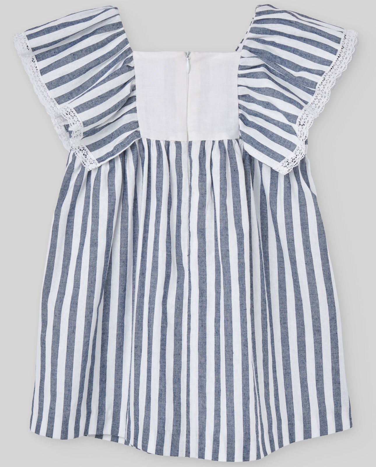 Striped Dress with Lace-Trim Ruffle Sleeves