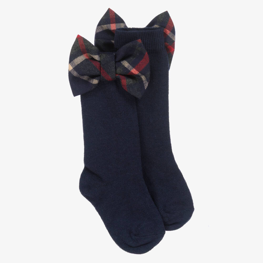 Girls Navy Blue Tartan Bow Cotton Socks