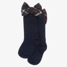 Girls Navy Blue Tartan Bow Cotton Socks