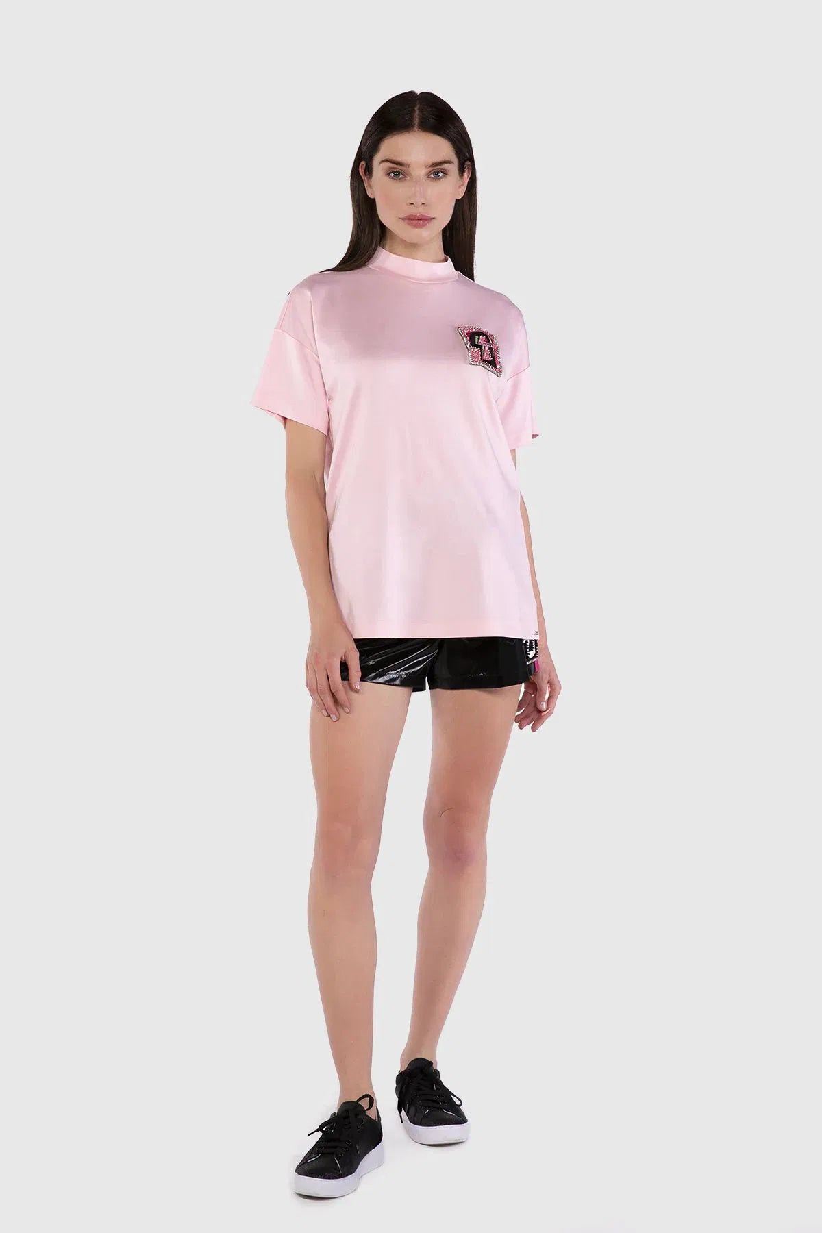 Embroidery Detailed Stand Up Collar T-shirt