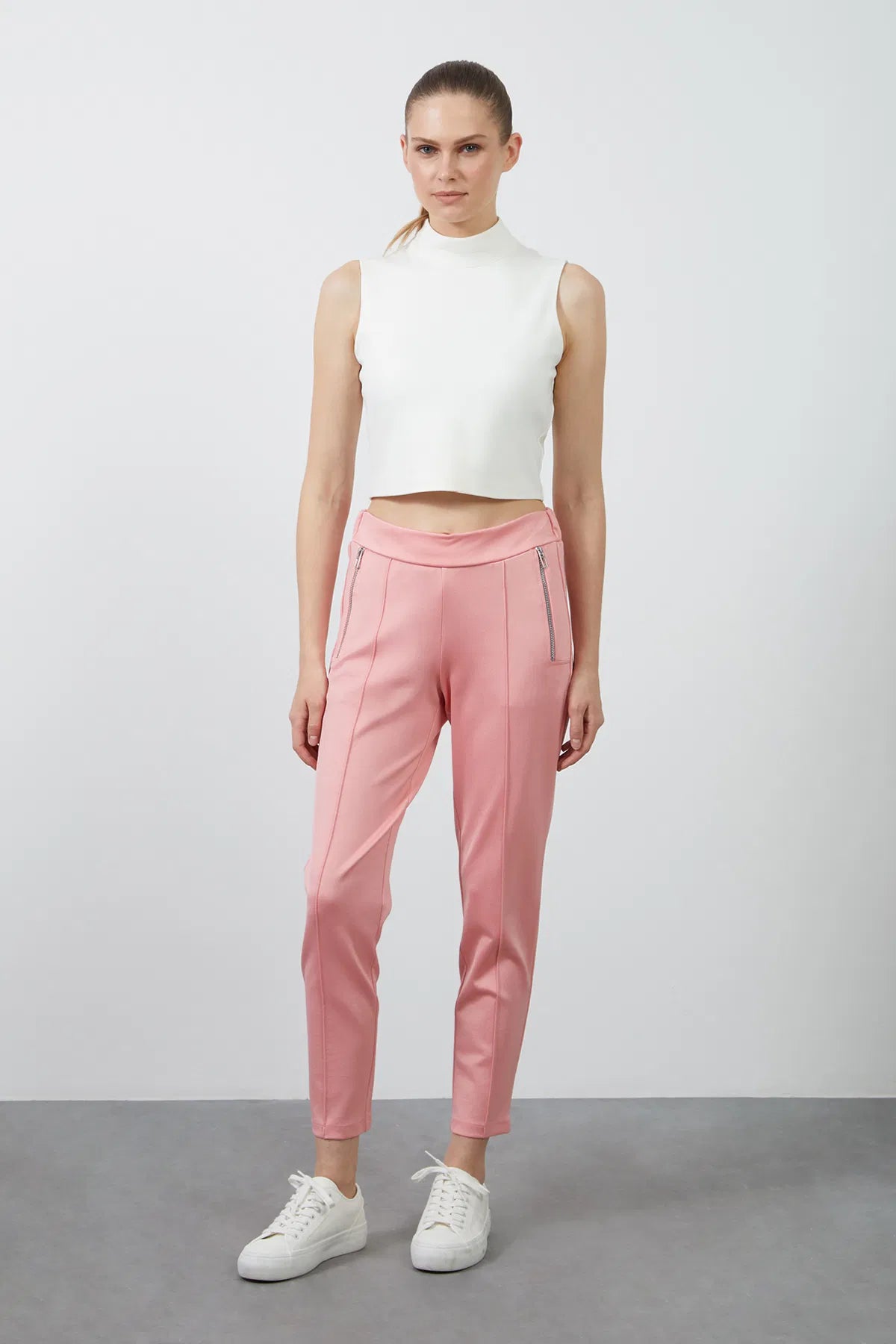 Rubber Waisted Pink Trousers With Metal Zipper Detail