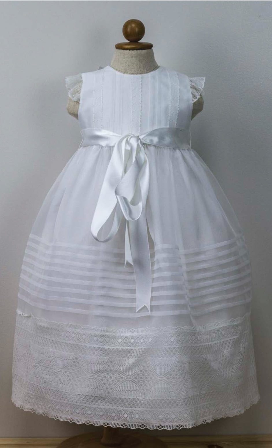Timeless White Infant Gown with Lace Trim and Satin Sash