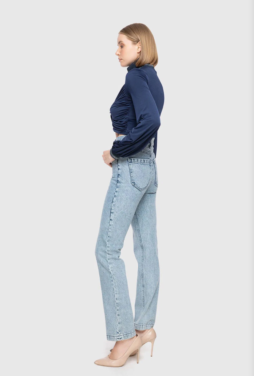 High Waist Herringbone Wool Fabric Garnish Slim Jean Trousers