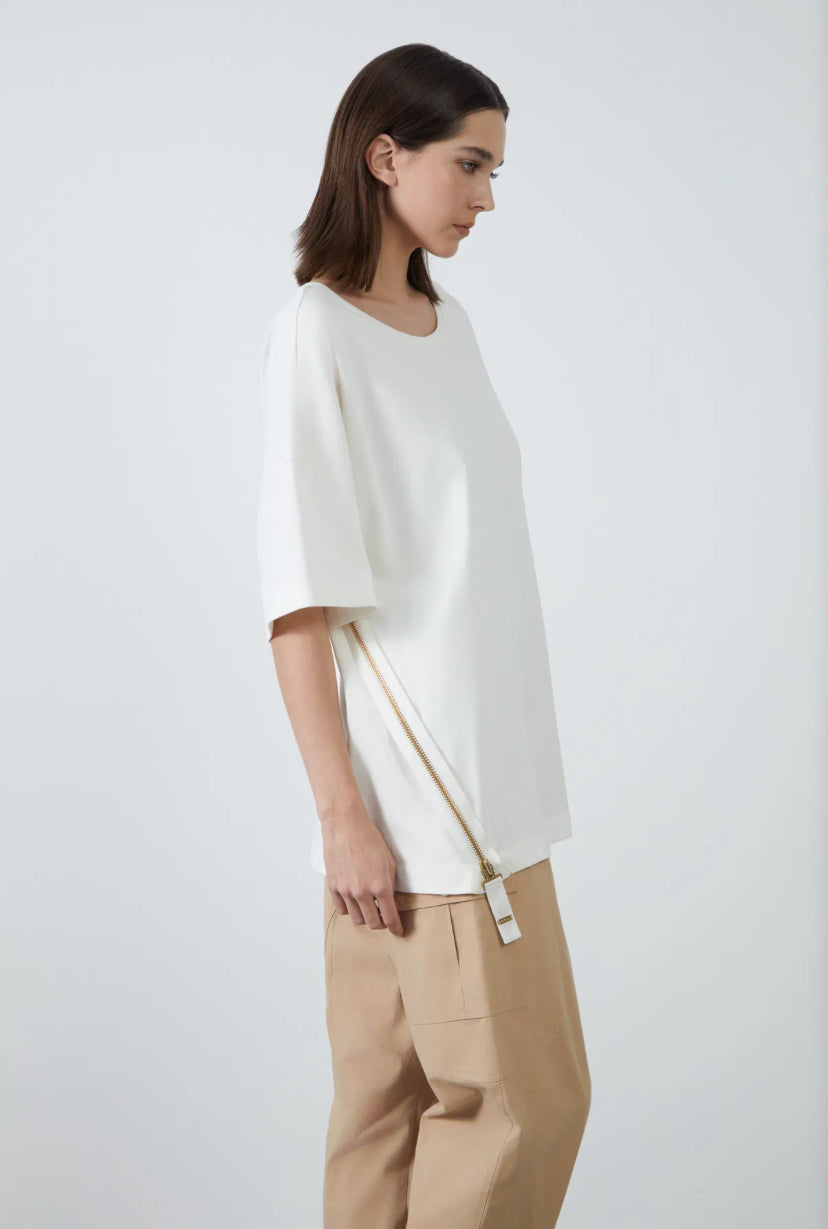 Front Zipper Detail Ecru T-shirt