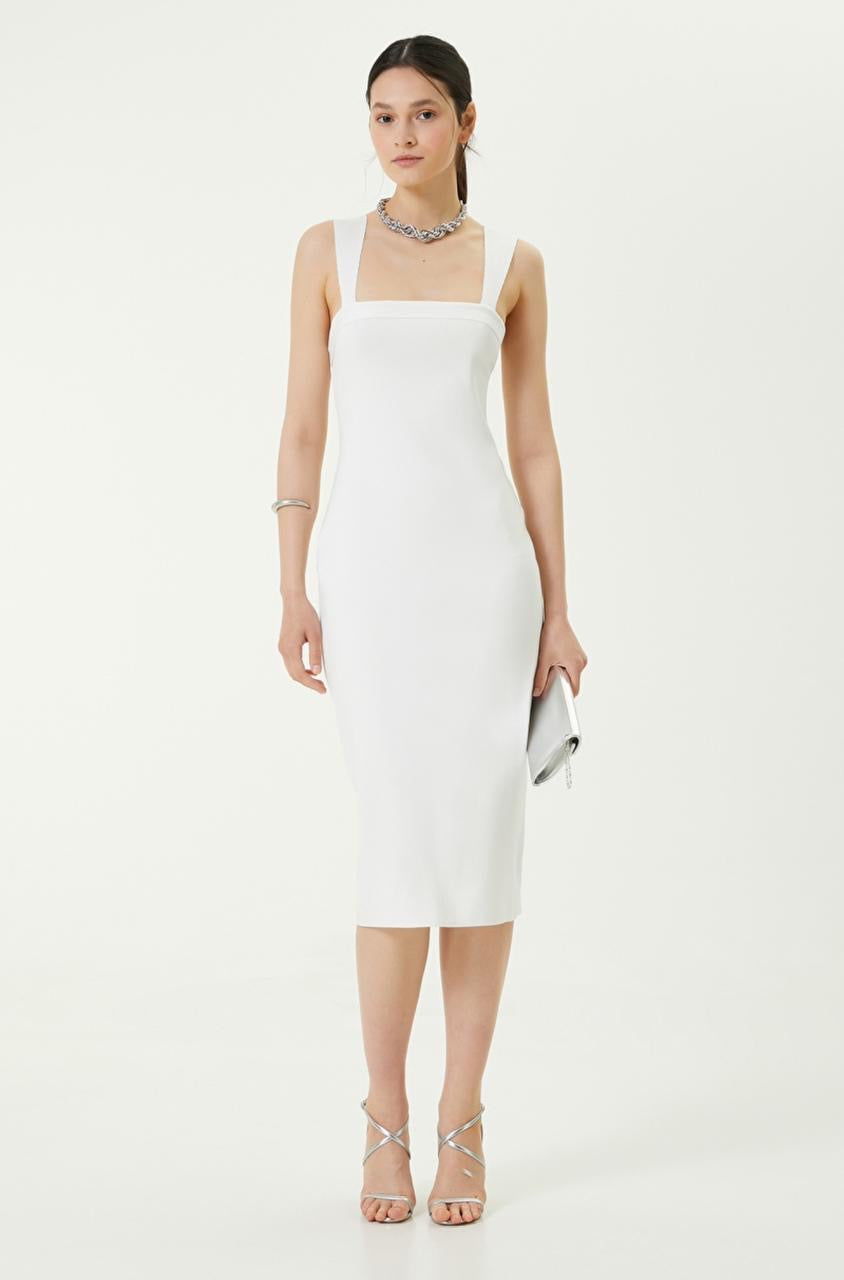 Elegant Slim Fit Strapless Midi Dress with Thick Straps