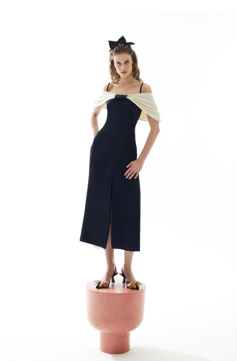 Black Cream Low Shoulder Cocktail Dress