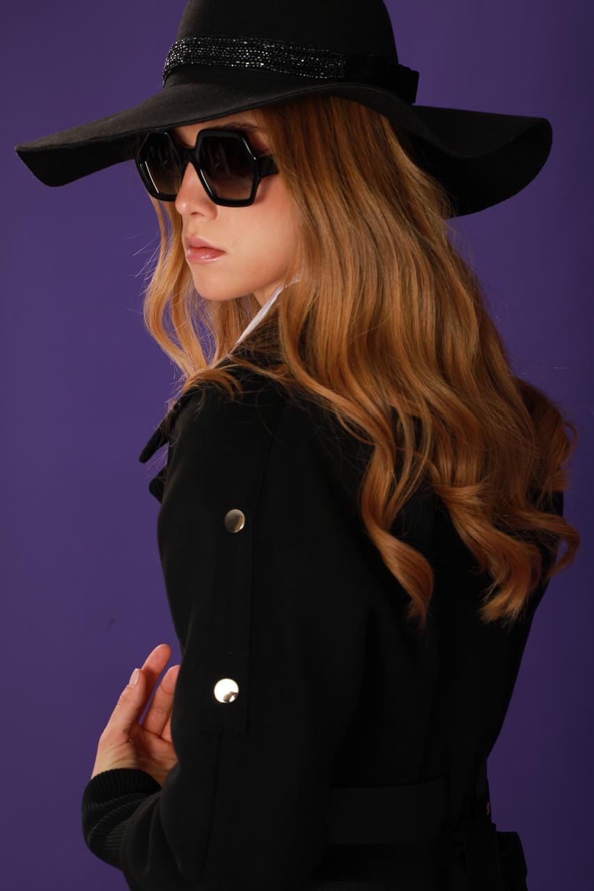 Fitted Arm Black Coat with Shoulder Button Detail