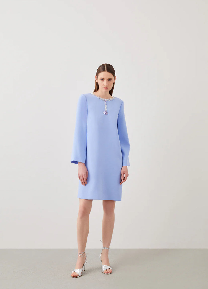 Blue Collar White Stone Embroidered Long Sleeve Straight Cut Mini Dress