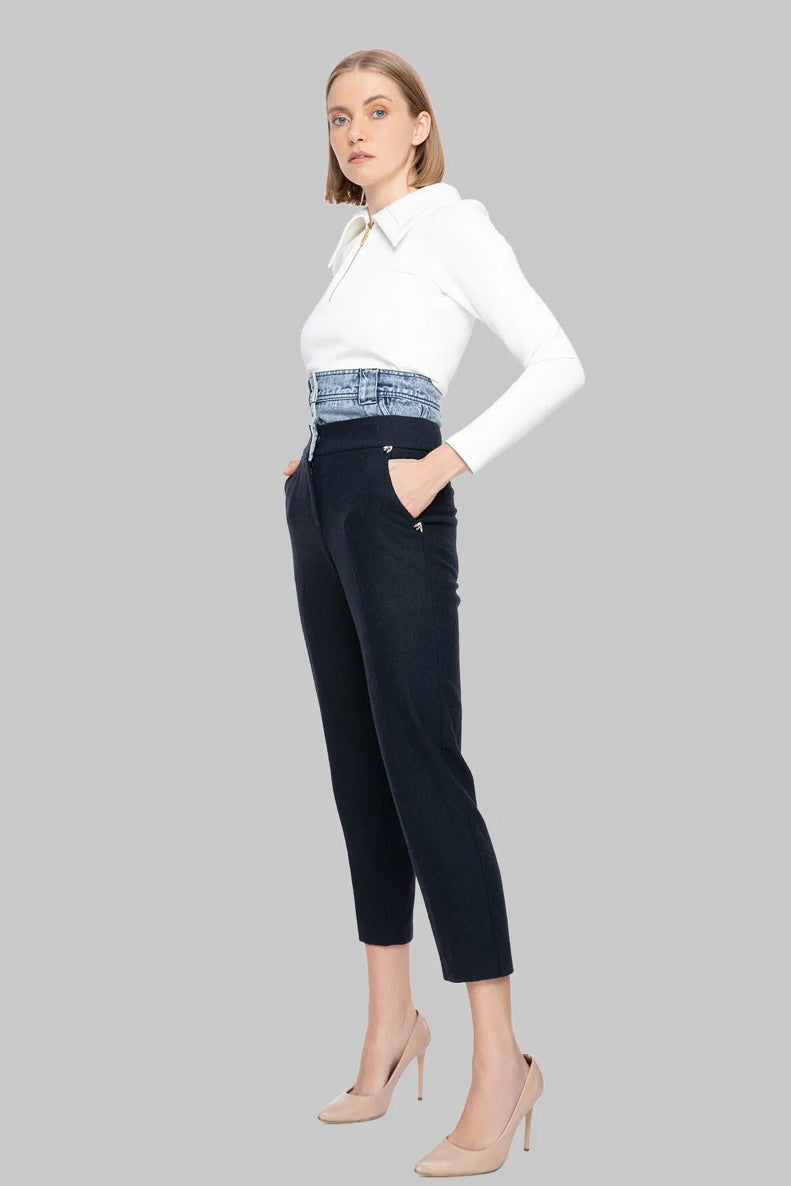 High Waist Jean Garnish Herringbone Wool Fabric Fit Trousers