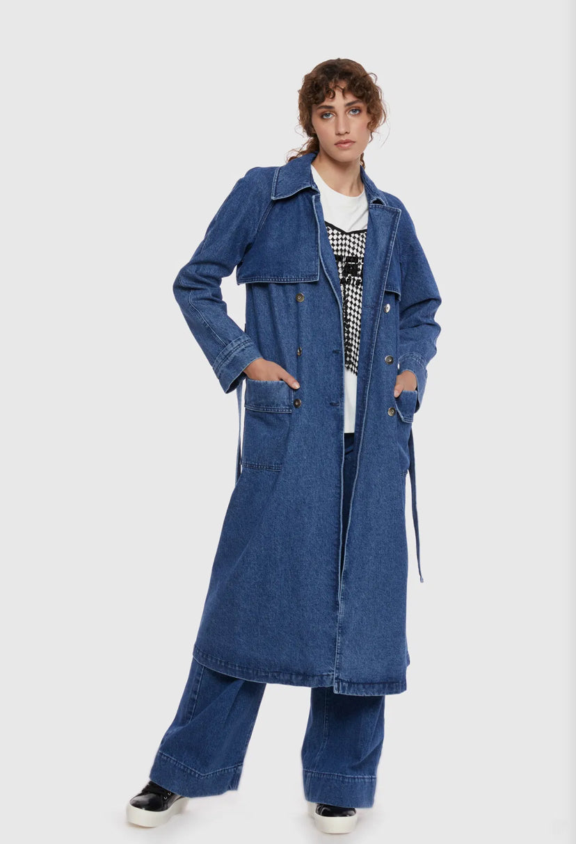 Belted Denim Blue Trench Coat