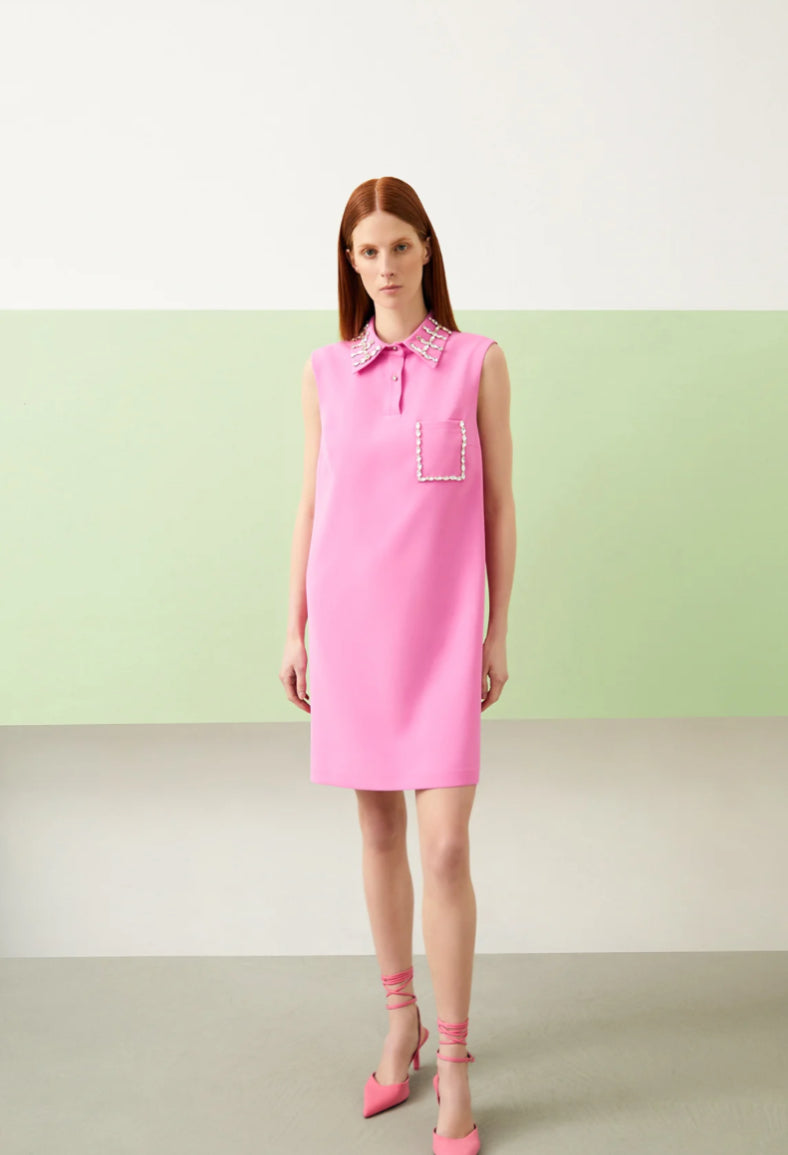 Pink Shirt Sleeveless Mini Dress with Stones on Collar