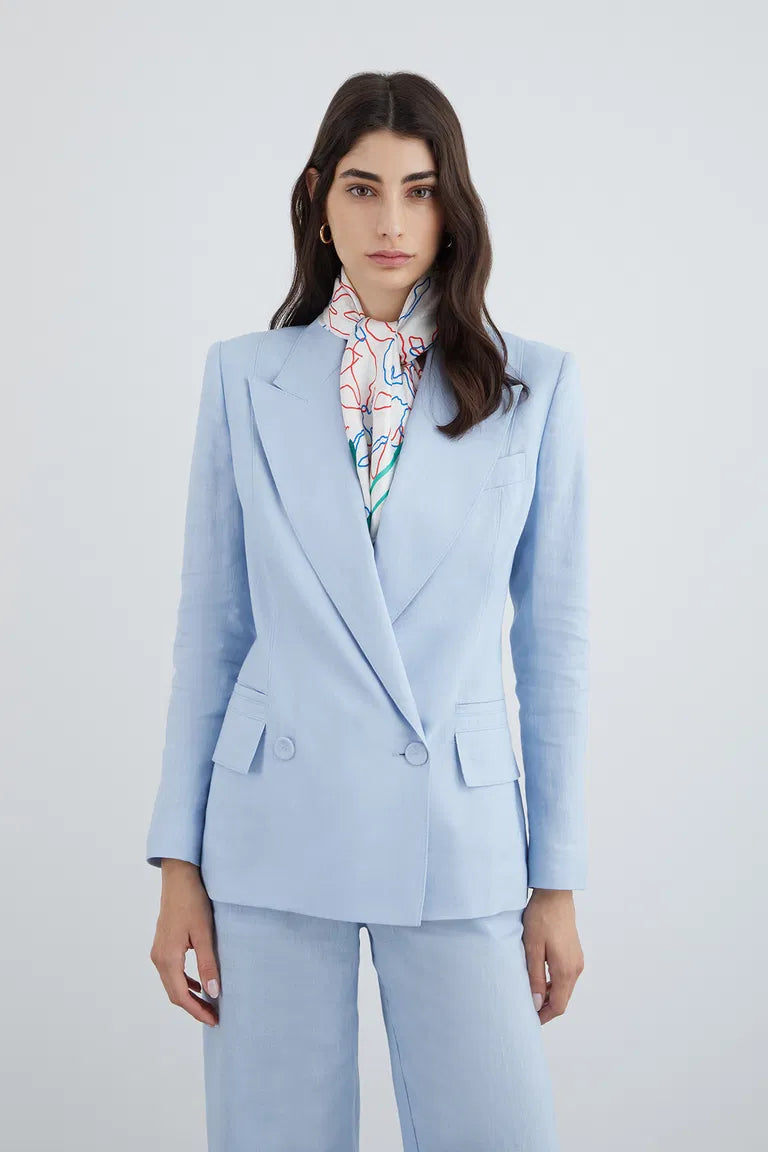 Wrap Closure Long Sleeve Blue Linen Blazer