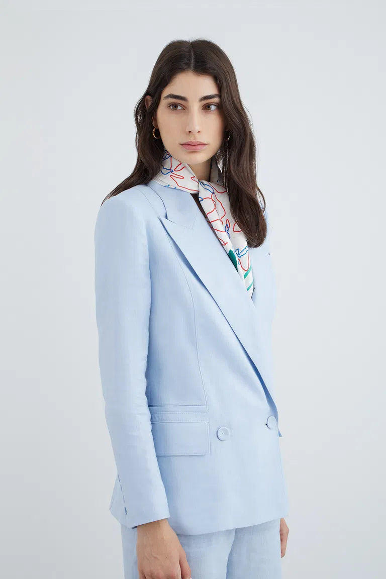 Wrap Closure Long Sleeve Blue Linen Blazer