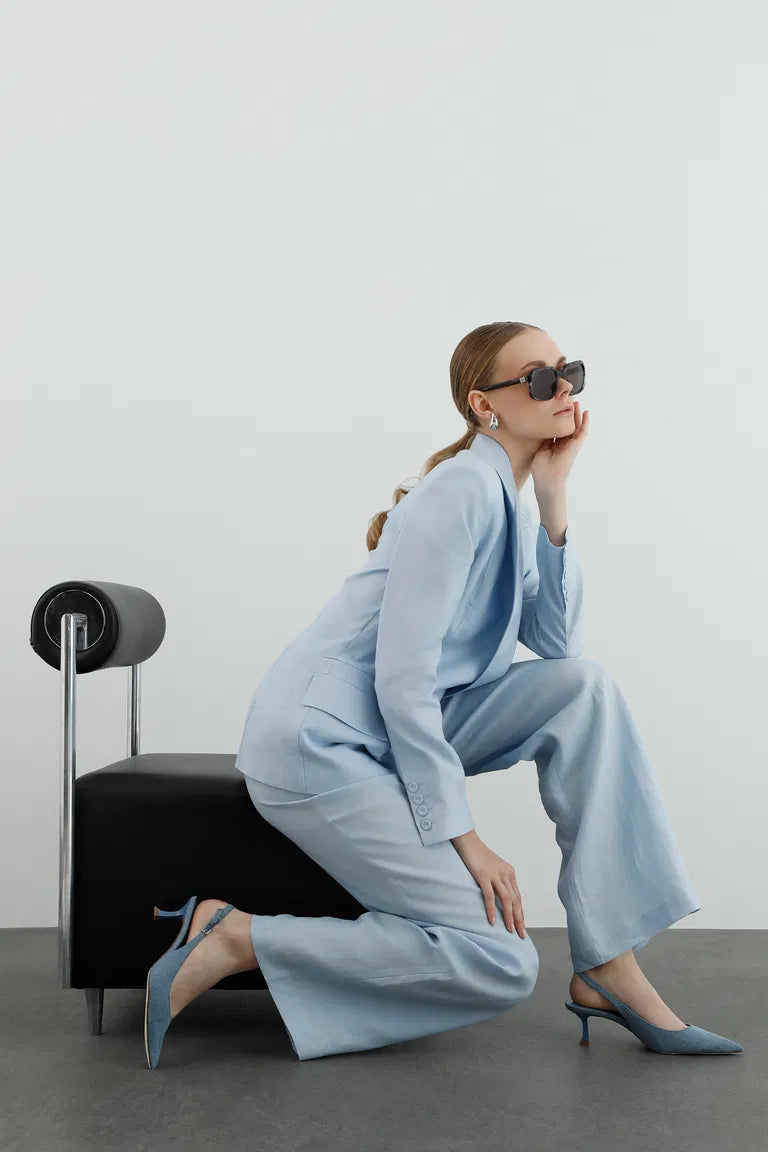 Wrap Closure Long Sleeve Blue Linen Pants