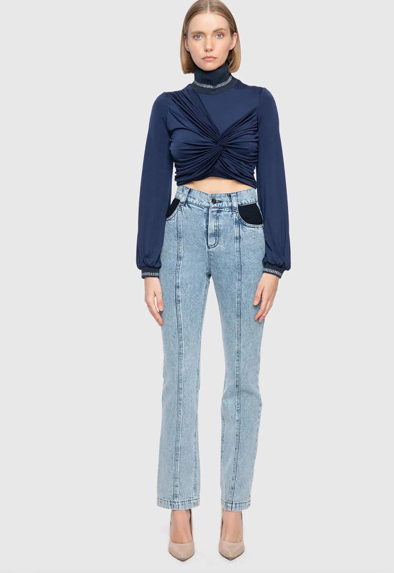 High Waist Herringbone Wool Fabric Garnish Slim Jean Trousers