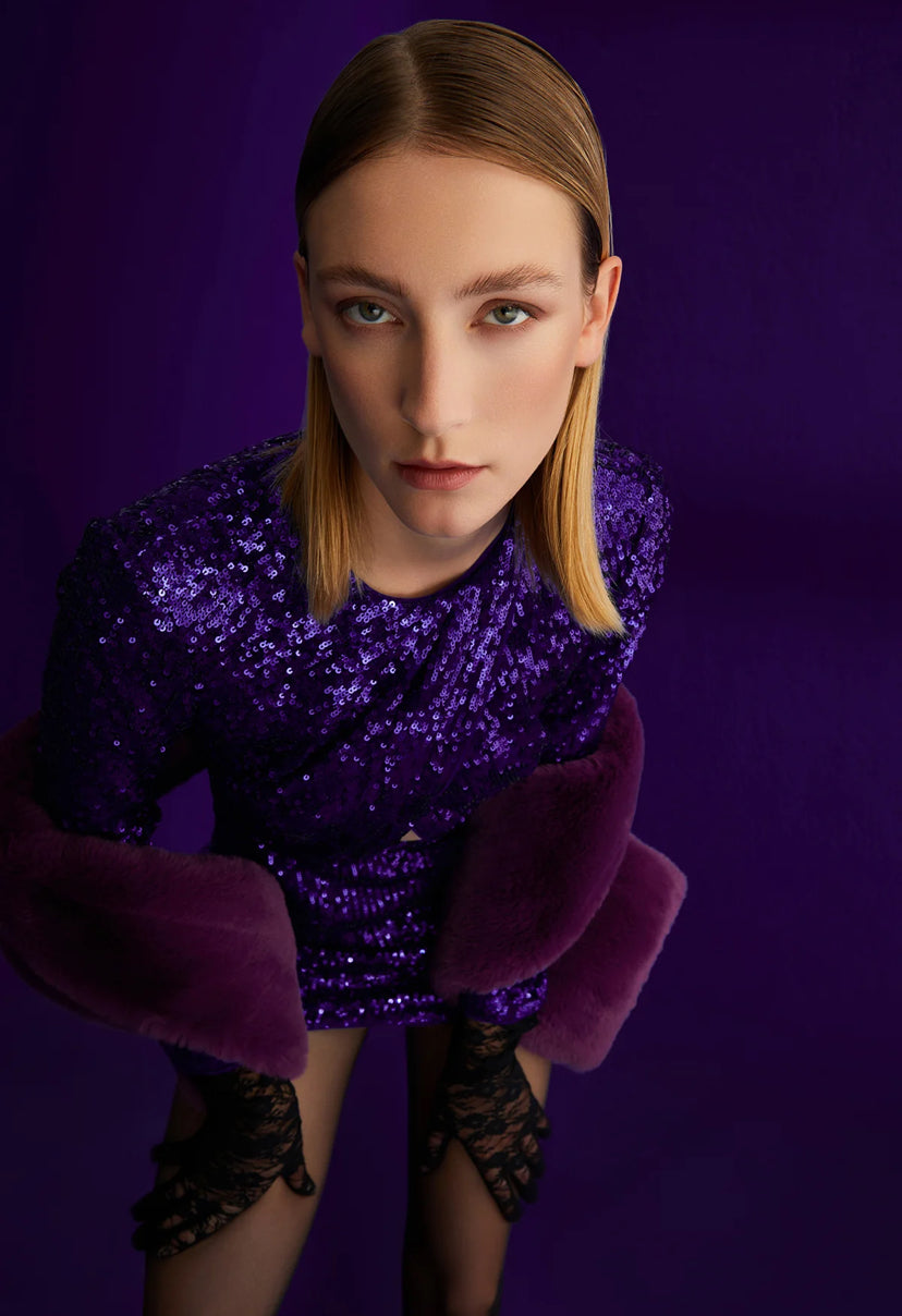 Purple Window Detailed Sequined Mini Dress