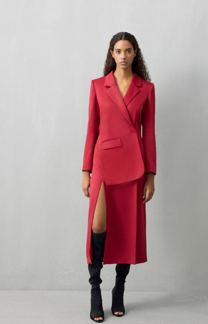 Asymmetrical Blazer and High Slit Skirt Suit