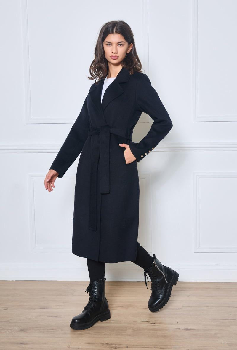 Wool Belted Coat with Button Cuff Detailing