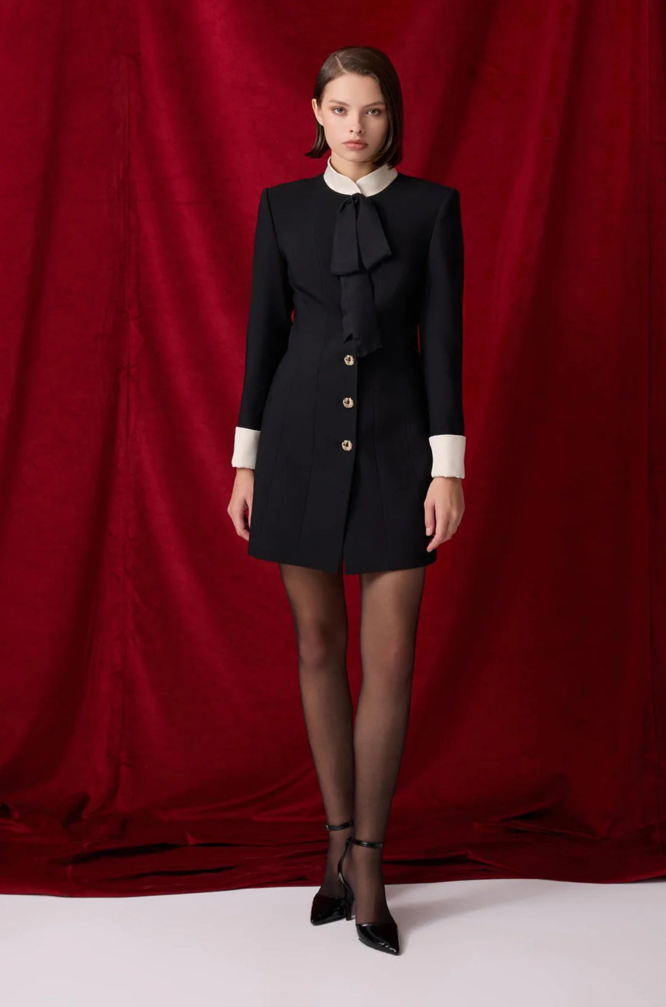 Black Judge Collar Bow Detailed Mini Dress