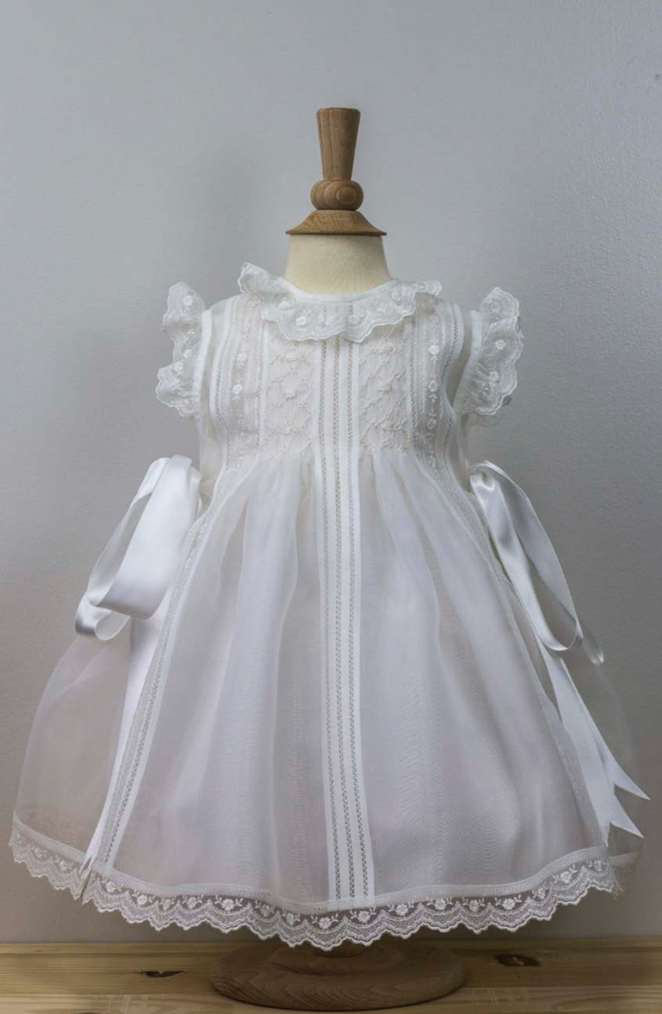 Elegant Short Christening Dress with Matching Hood and Lace Accents