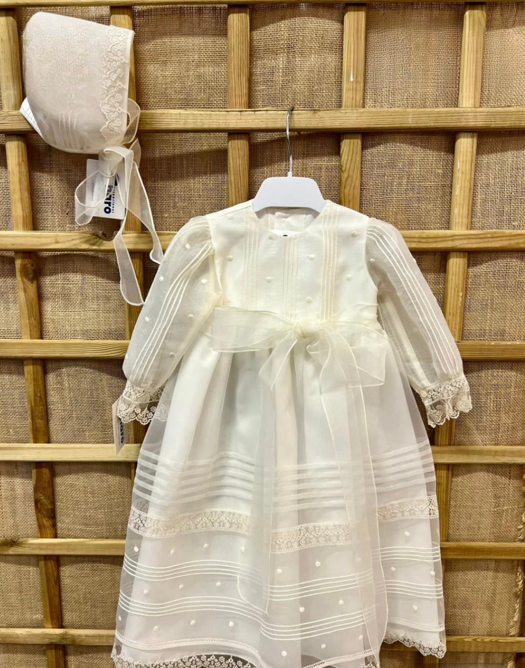 Long Crystal Baptism Gown with Sleeves, Embroidered Bodoques, and Lace Accents