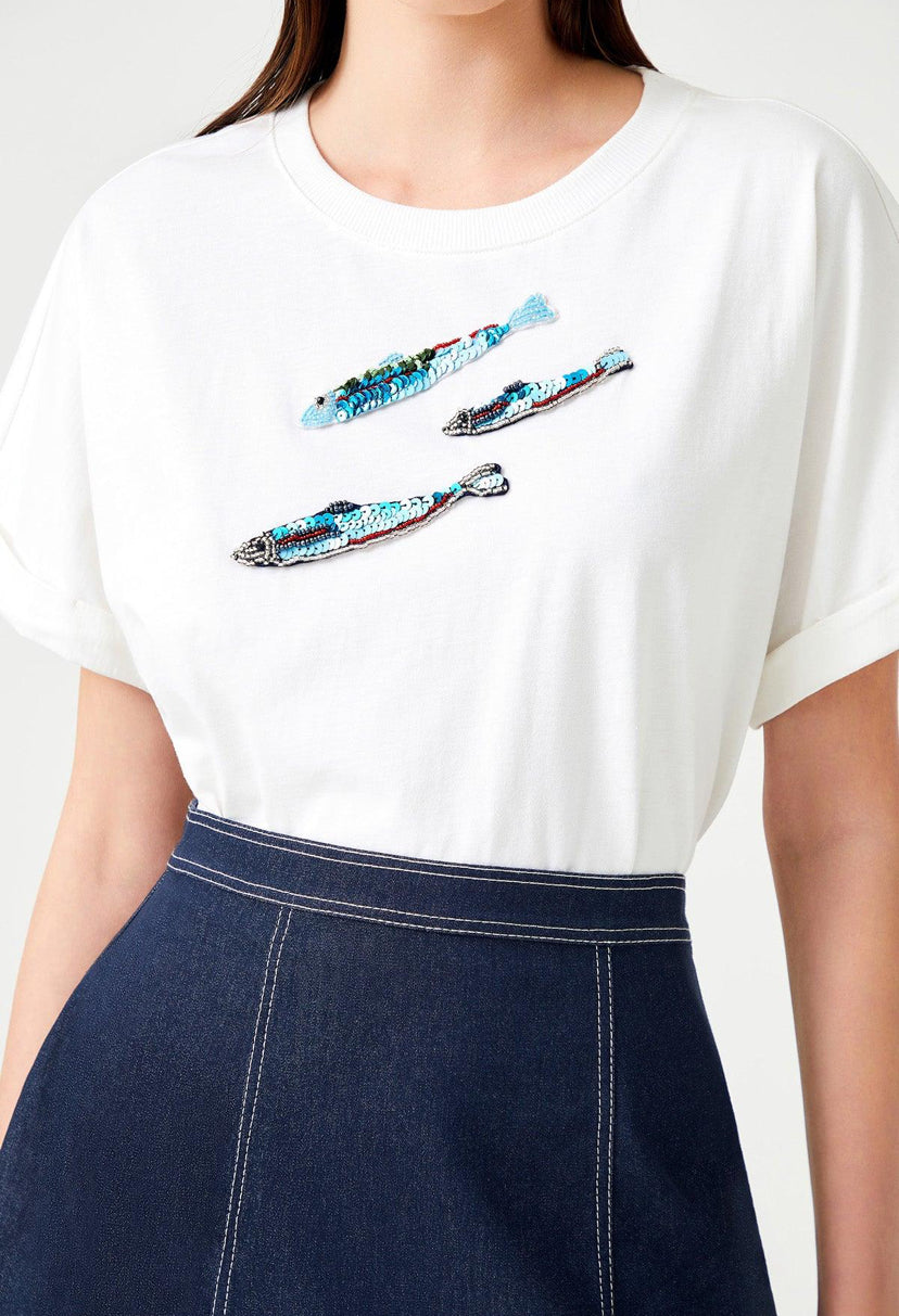 White Sequin Fish Processed top