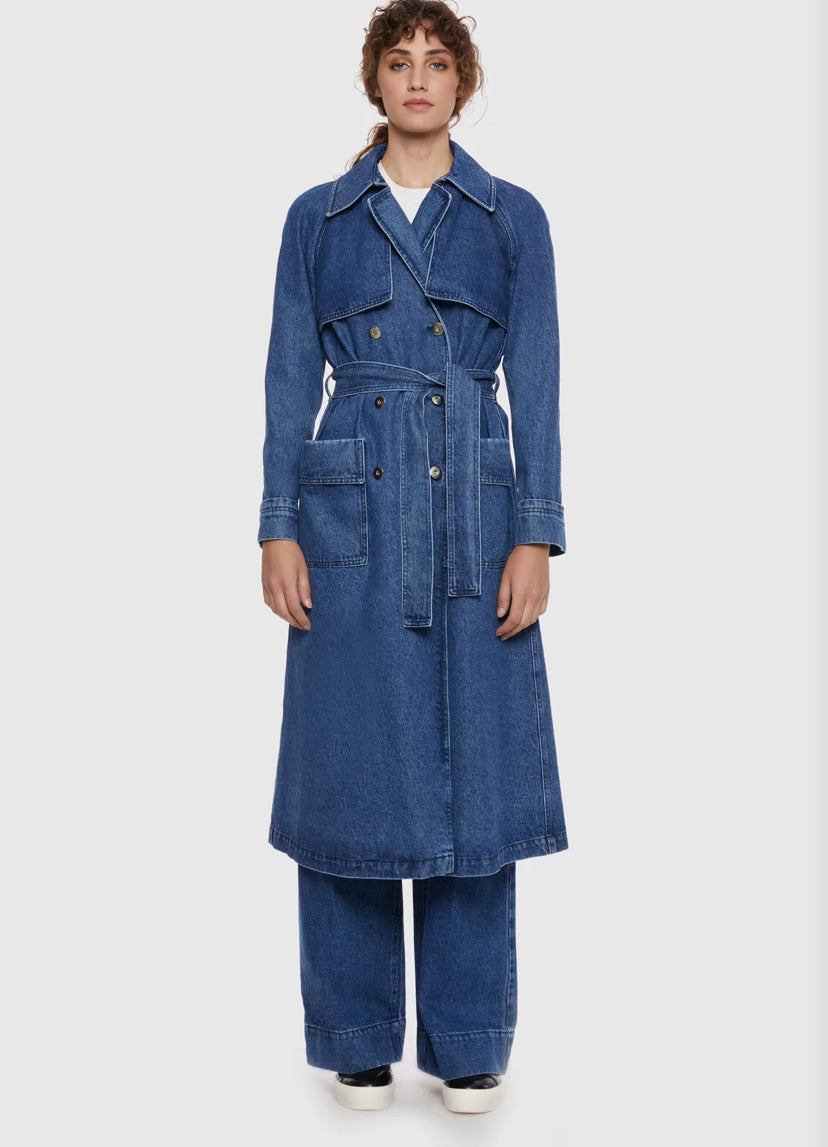 Belted Denim Blue Trench Coat
