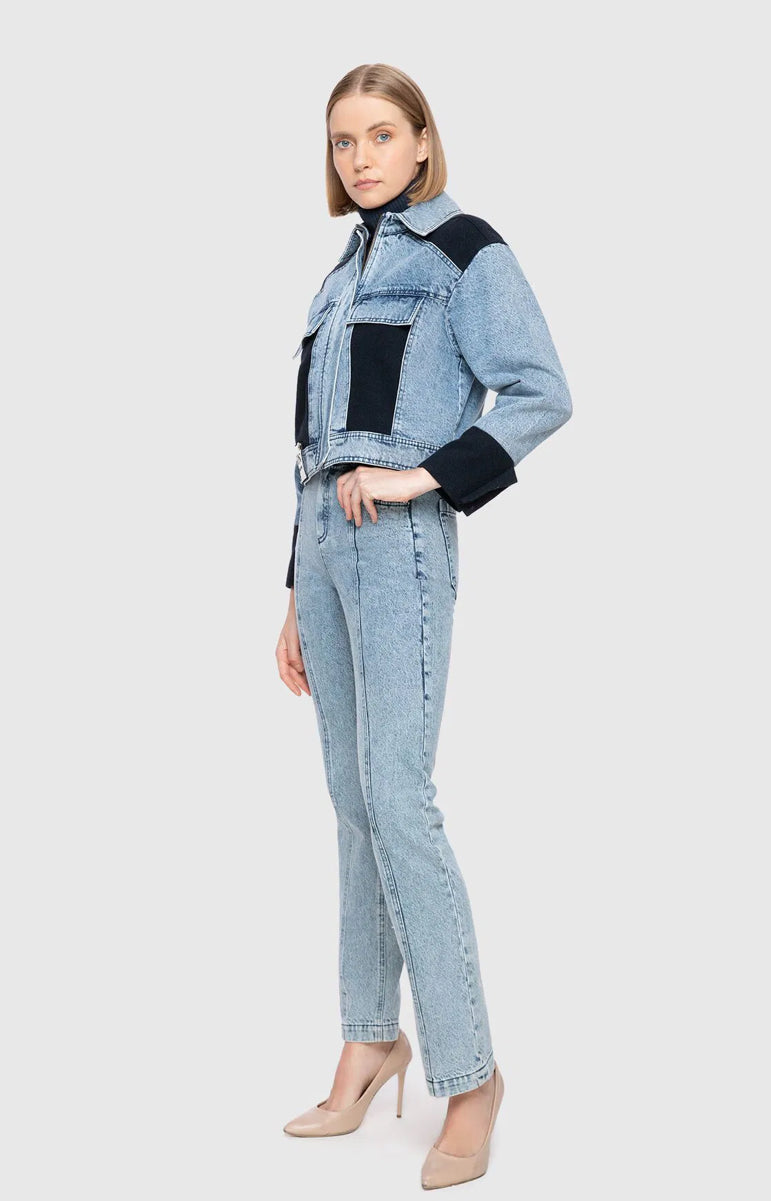 Herringbone Wool Fabric Garnish Crop Jean Jacket