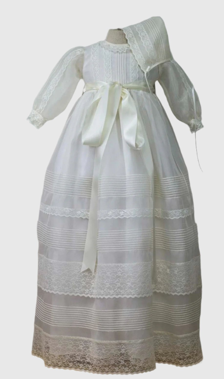 Charming Long-Sleeve Baptism Gown with Elegant Pleats and Satin Ribbon Bow