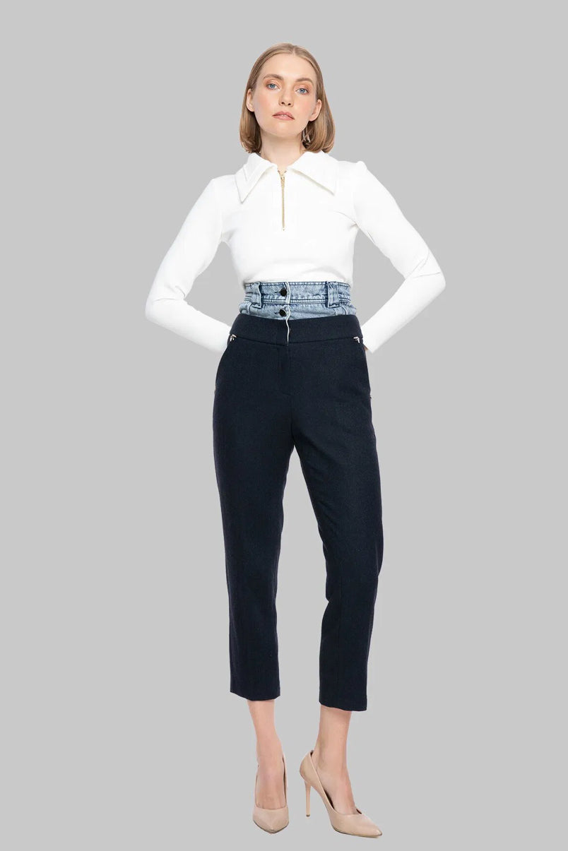 High Waist Jean Garnish Herringbone Wool Fabric Fit Trousers