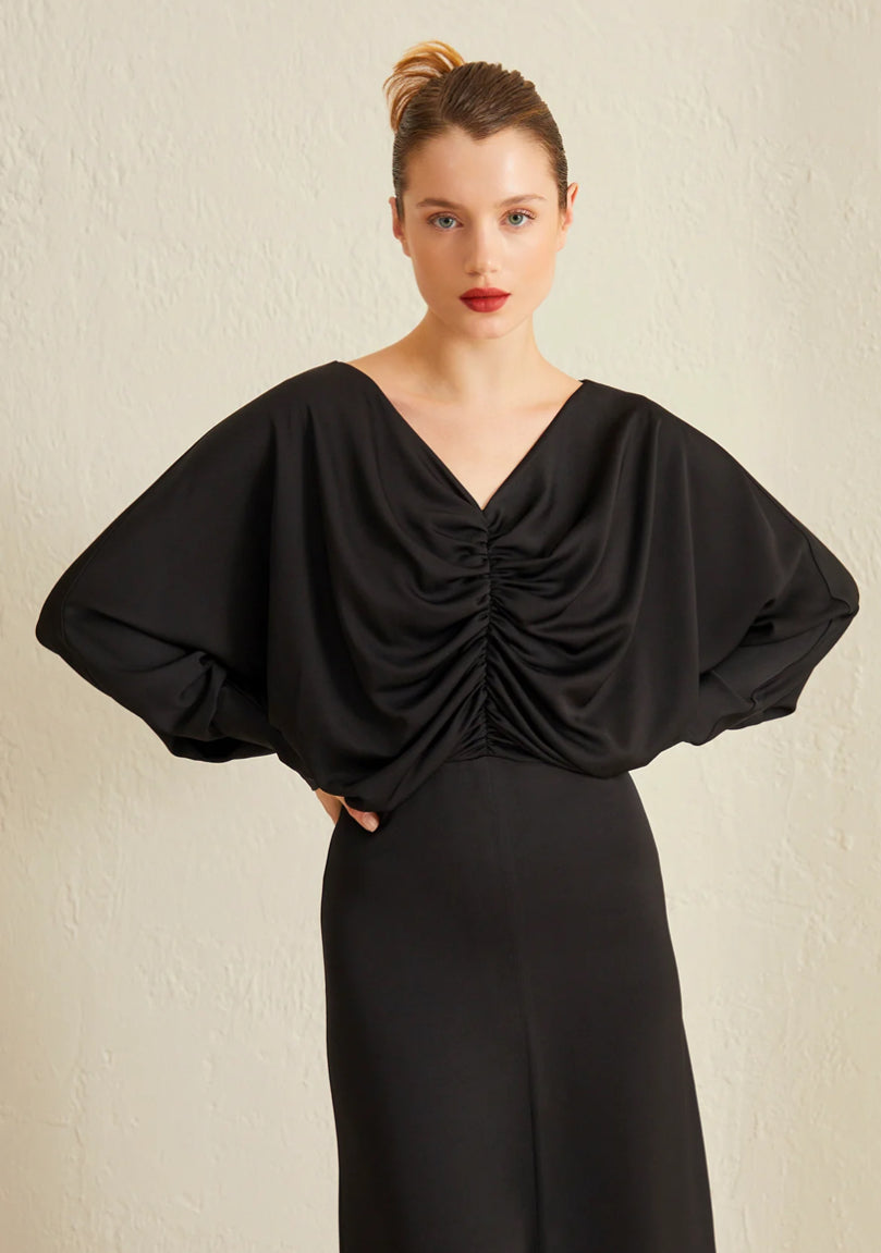 Black Drape Front Slit Cocktail Dress
