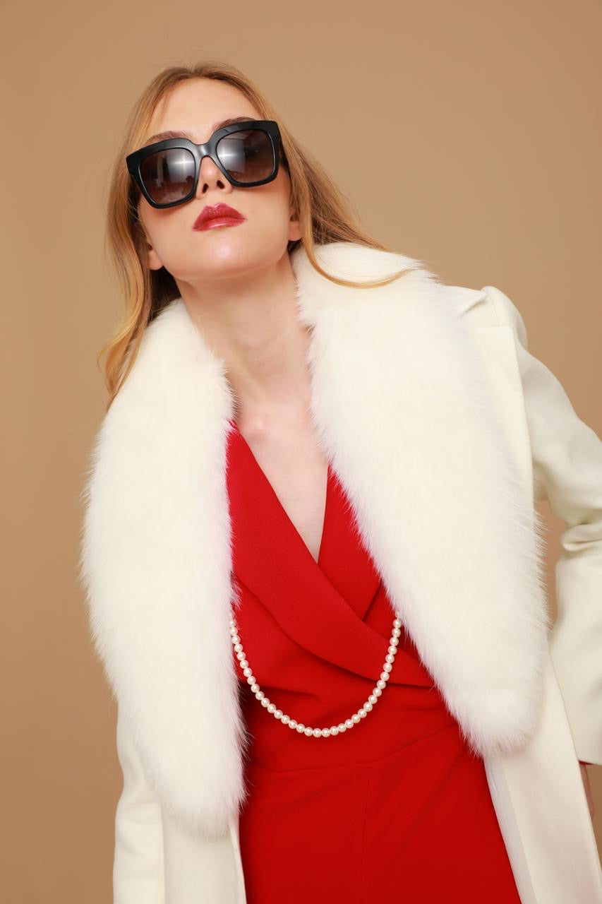 Faux Fur Collar and Belted Wrap Coat