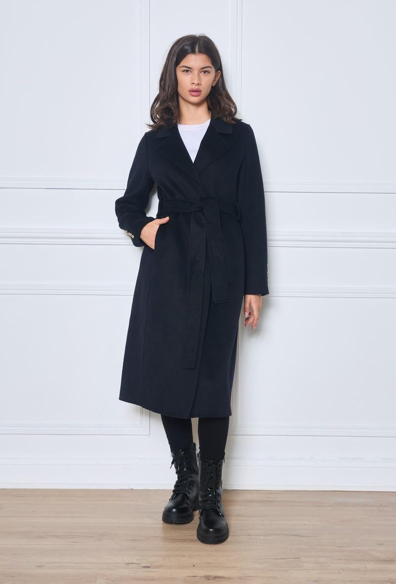 Wool Belted Coat with Button Cuff Detailing